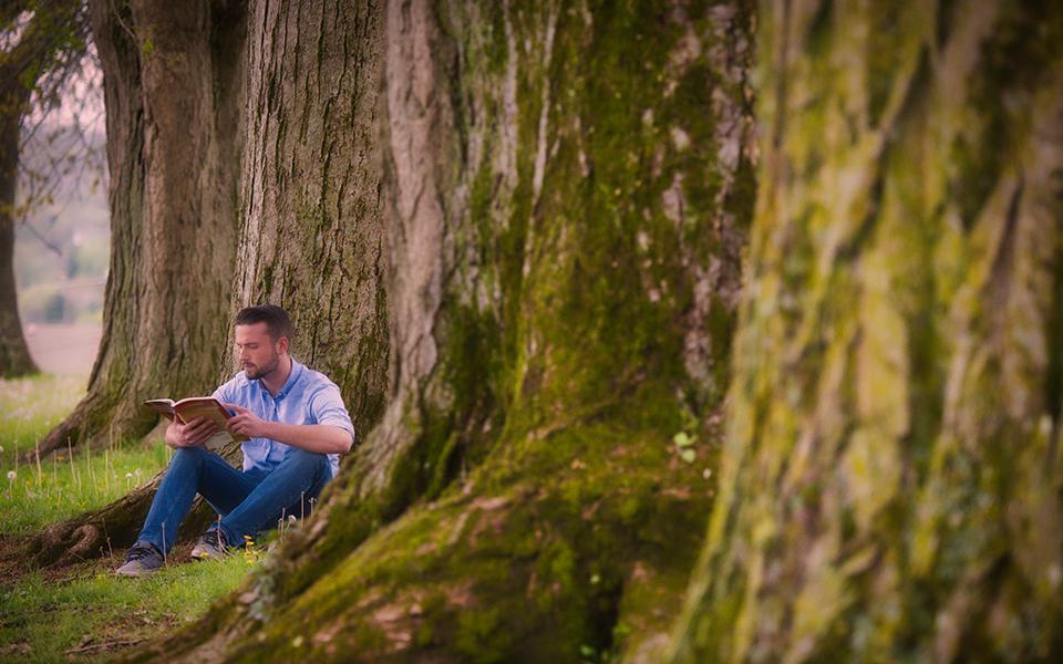 young man reading under a tree